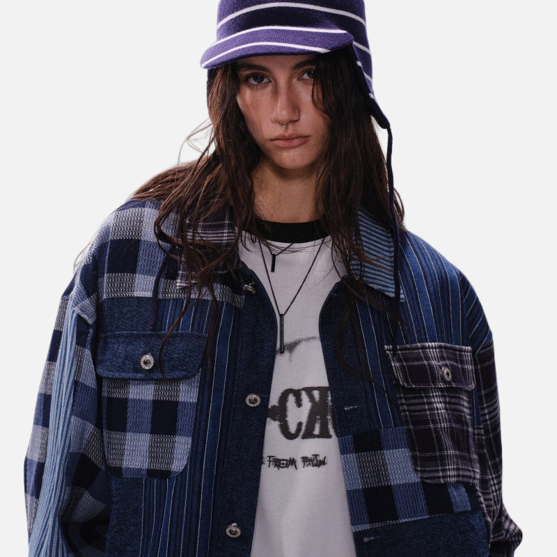 Streetwear Artisan Blend Checkered Denim Jacket