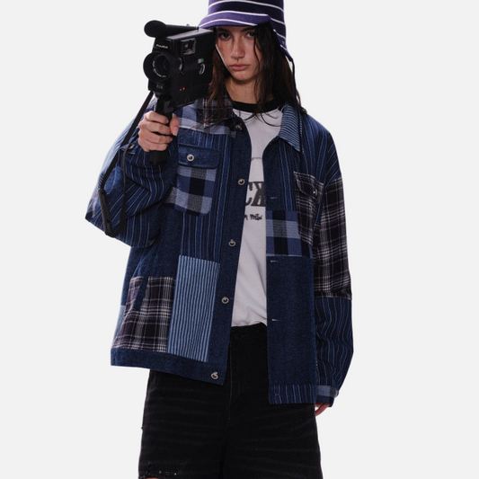 Streetwear Artisan Blend Checkered Denim Jacket - Luxuryurbanwear