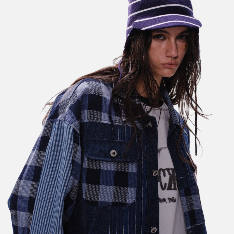 Streetwear Artisan Blend Checkered Denim Jacket