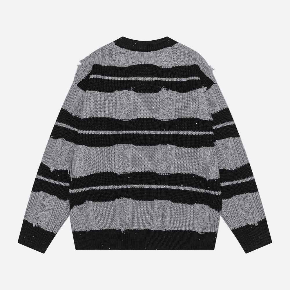 Contrast Color Stripe Ripped Crochet Crewneck Sweater