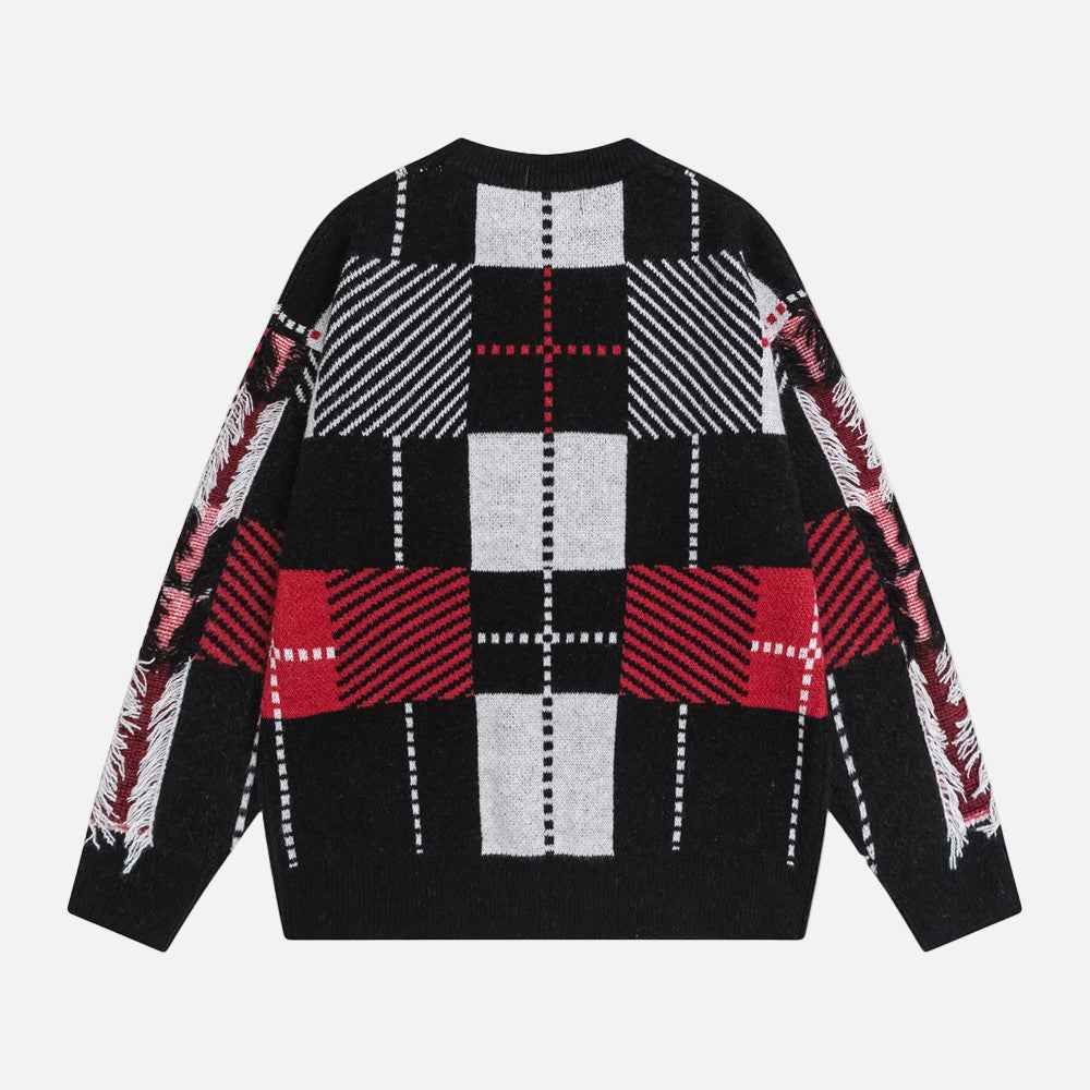 Retro Colorful Jacquard Tassel Crewneck Sweater