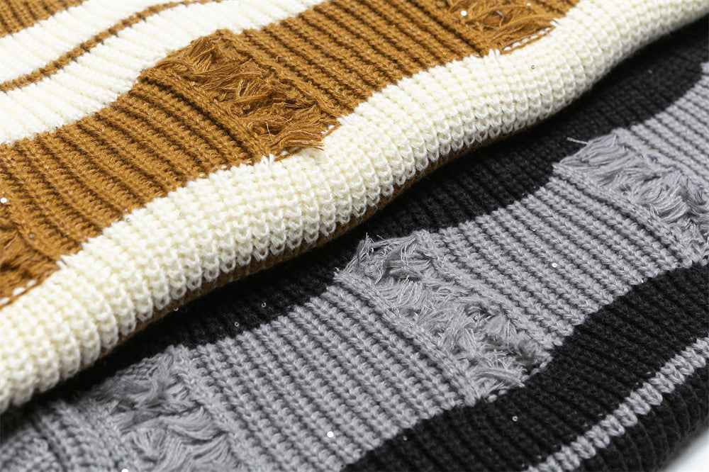 Contrast Color Stripe Ripped Crochet Crewneck Sweater