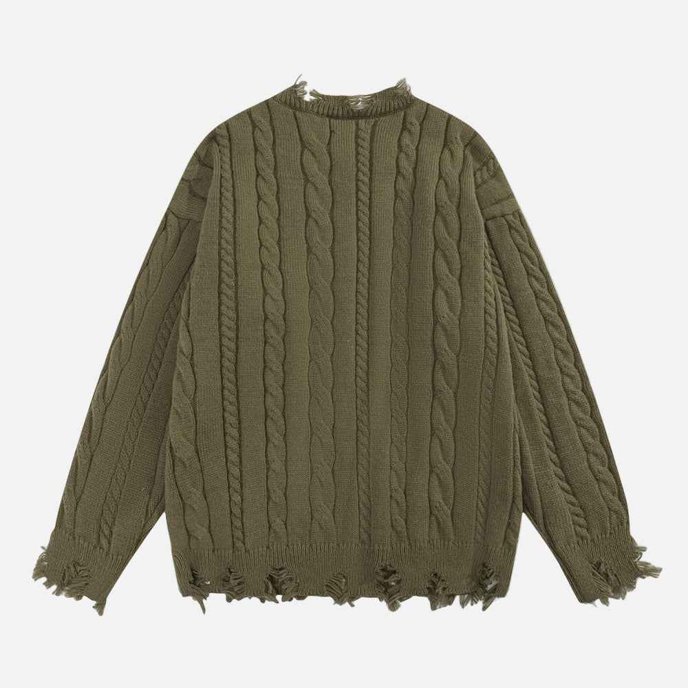 Twist Tear Contrast Stitch Ripped Crewneck Sweater