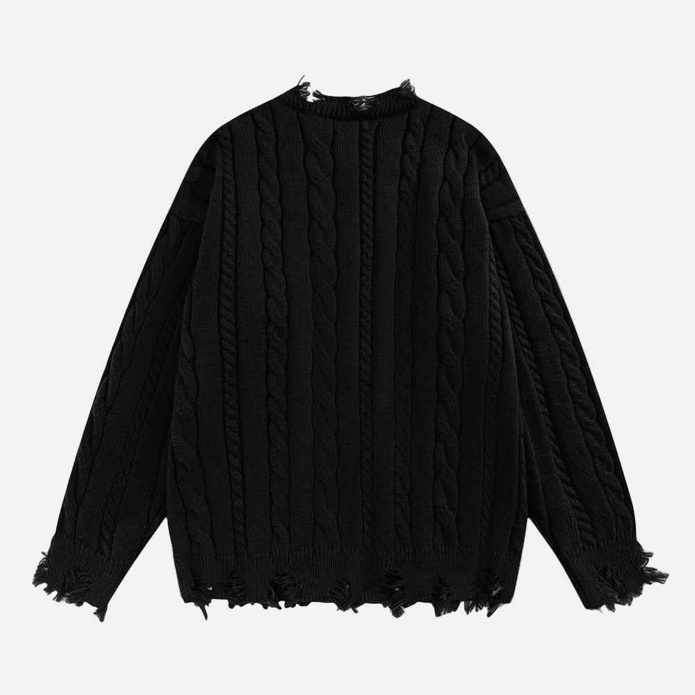 Twist Tear Contrast Stitch Ripped Crewneck Sweater