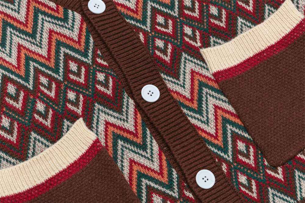 Ethnic Jacquard Knitted V-Neck Cardigan