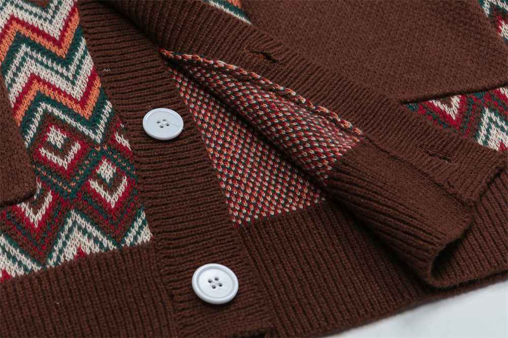 Ethnic Jacquard Knitted V-Neck Cardigan