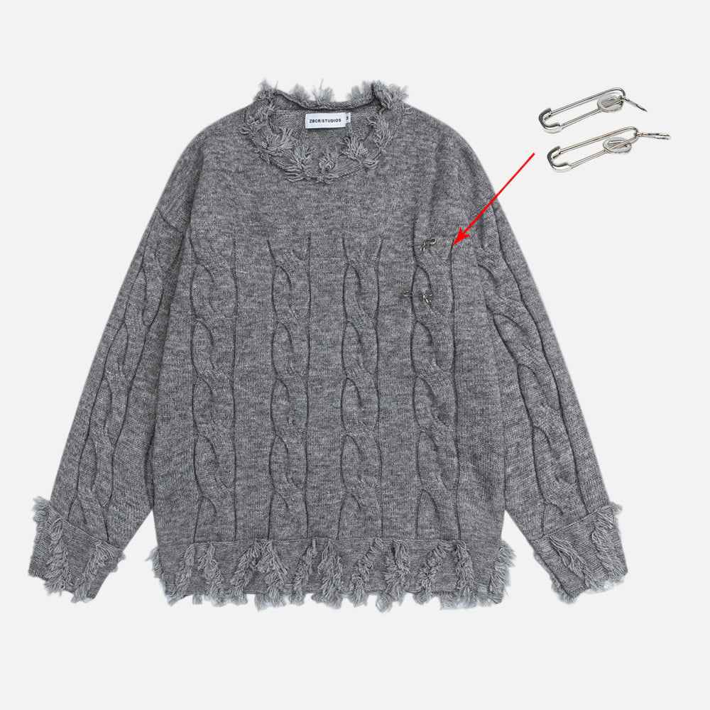 Premium Fringed with Pin Crewneck Knit Sweater