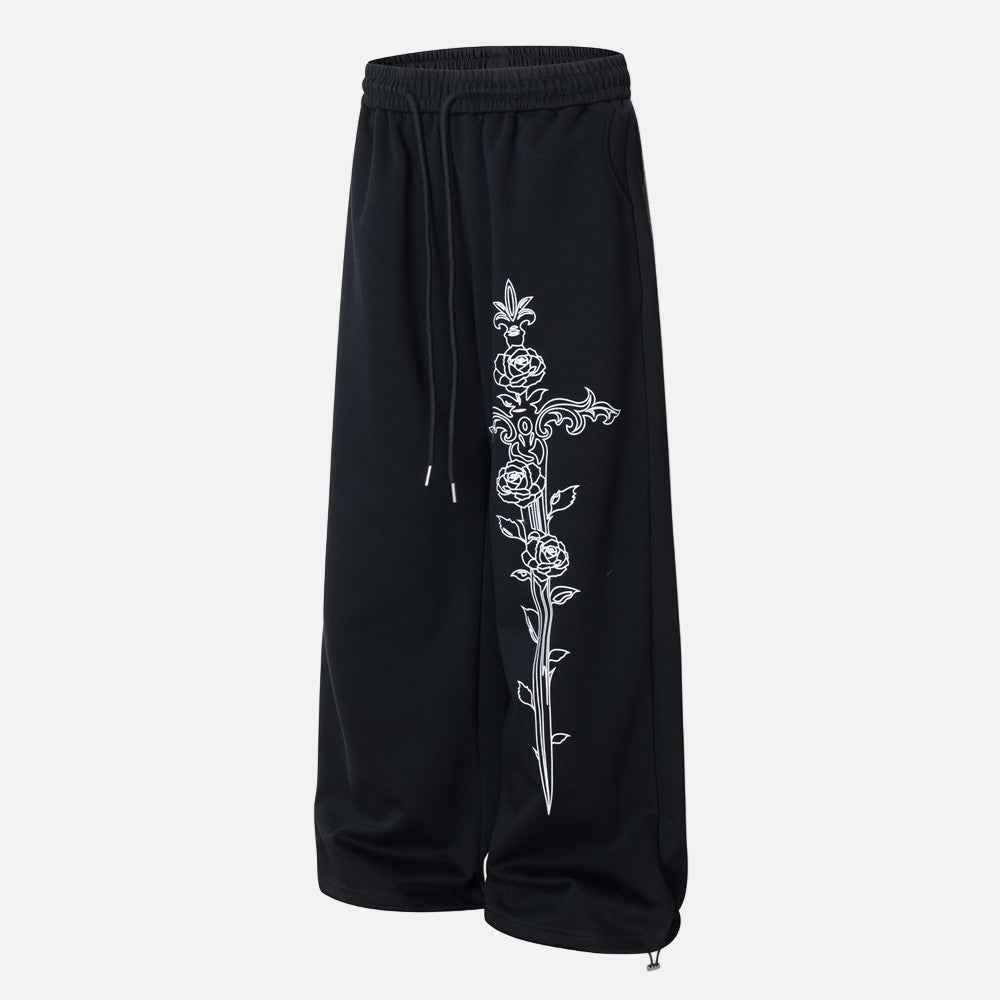 Sanskrit Letter Printed Gothic Wide Leg Sweatpants