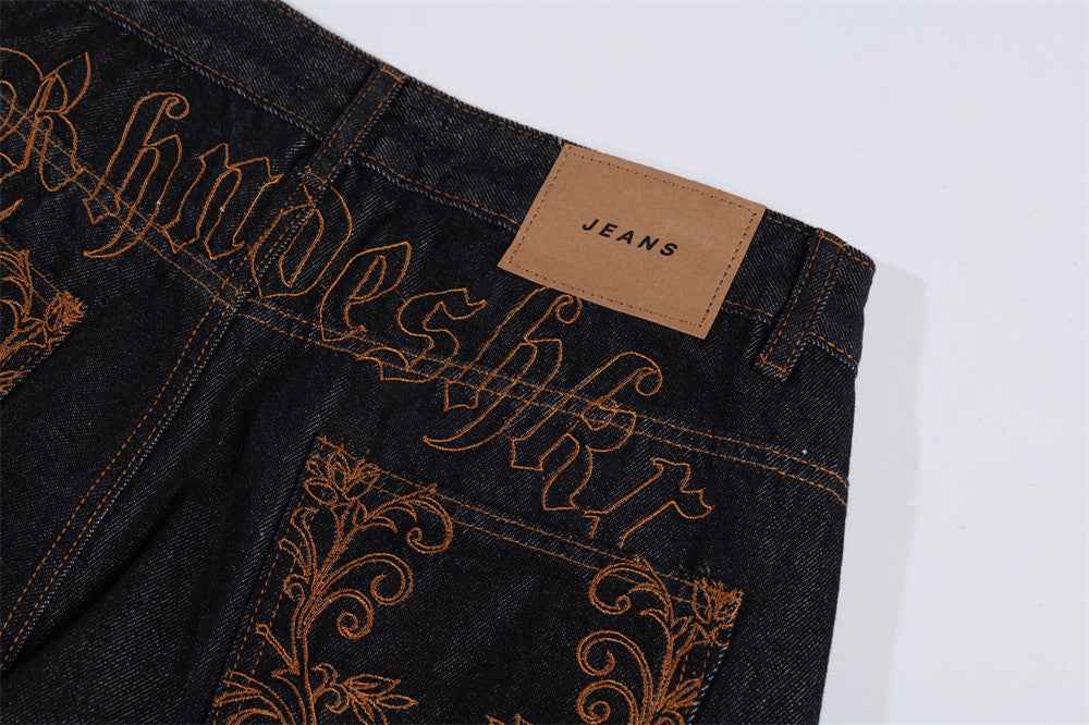 Streetwear American Plant Letter Printed Denim Jeans