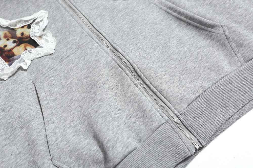 Heart Shaped Zipper Faux Furr Hooded Sweatshirt