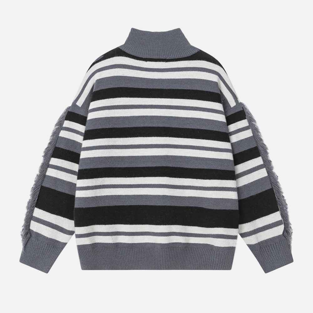 Striped Fringed Turtleneck Button Sweater