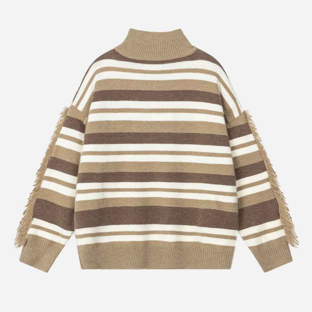 Striped Fringed Turtleneck Button Sweater
