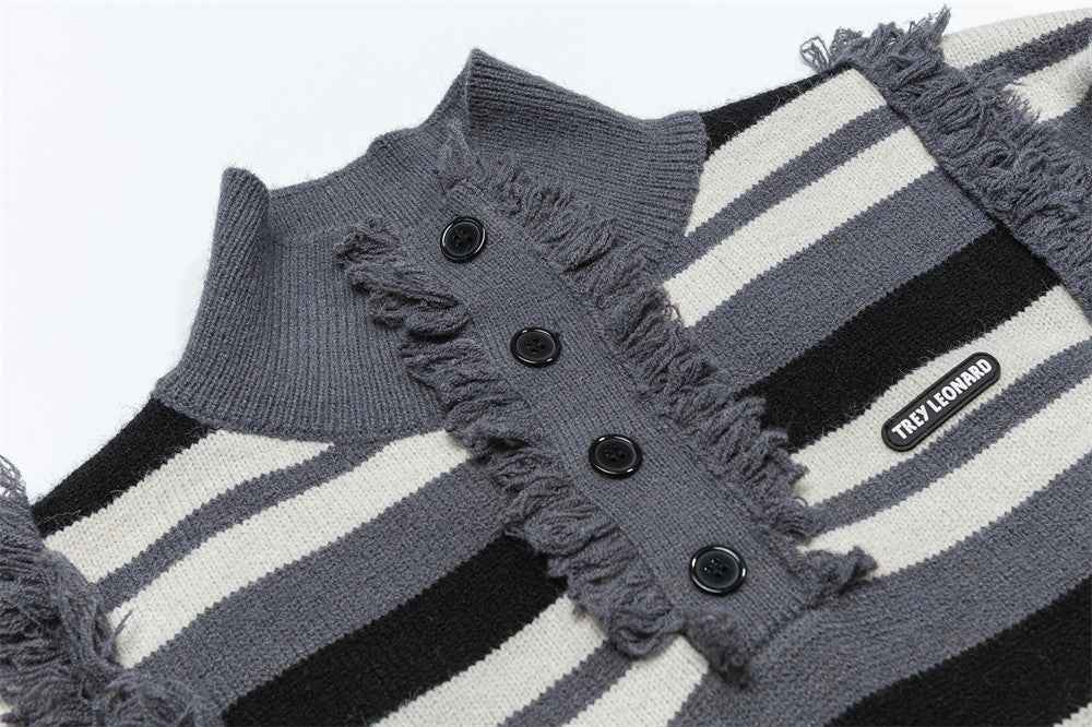 Striped Fringed Turtleneck Button Sweater