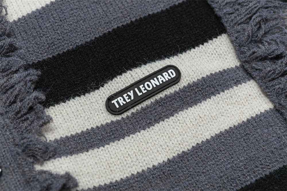 Striped Fringed Turtleneck Button Sweater