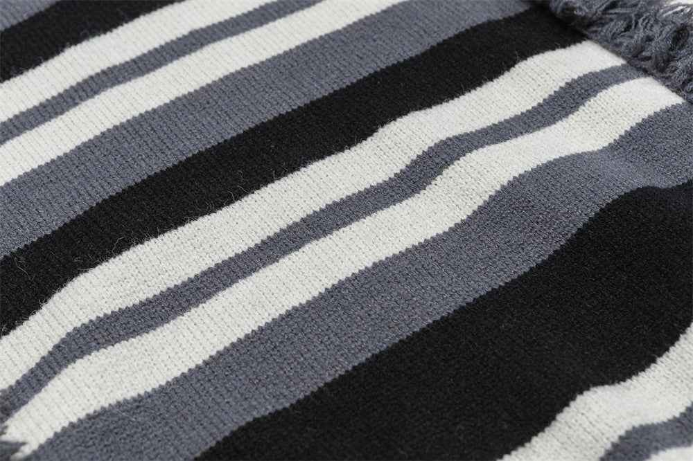 Striped Fringed Turtleneck Button Sweater
