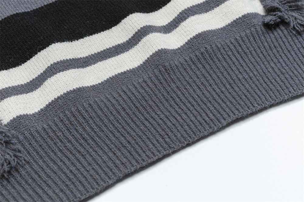 Striped Fringed Turtleneck Button Sweater