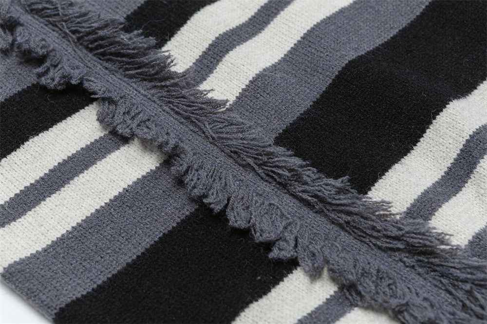 Striped Fringed Turtleneck Button Sweater