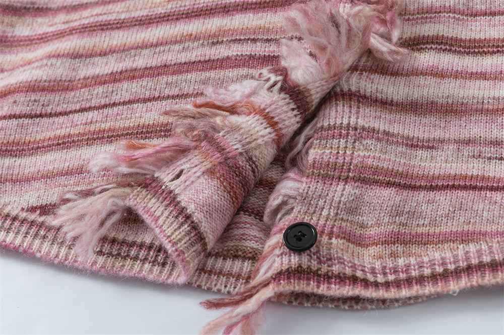 Cozy Striped Ripped Tassel V-Neck Cardigan