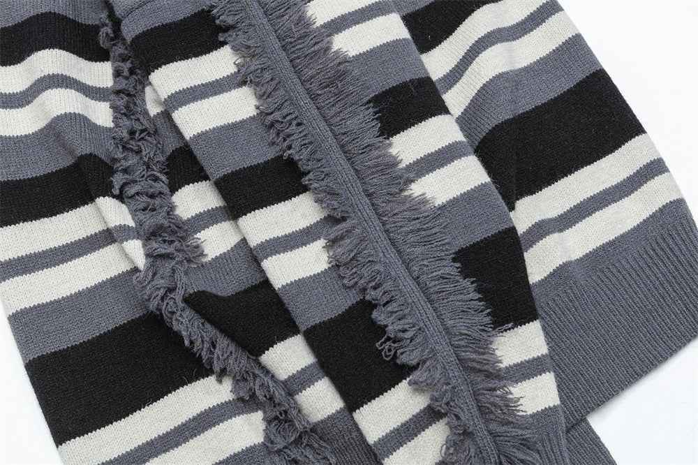 Striped Fringed Turtleneck Button Sweater