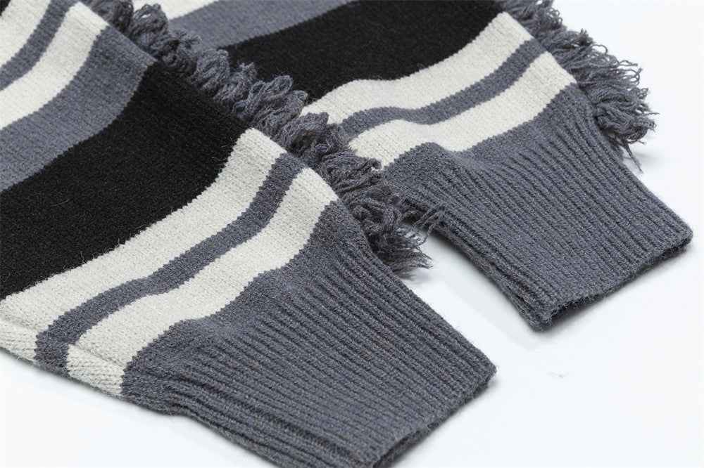 Striped Fringed Turtleneck Button Sweater