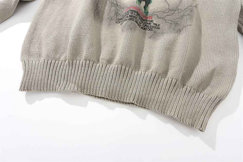 Graffiti Print Round Neck Knit Sweater
