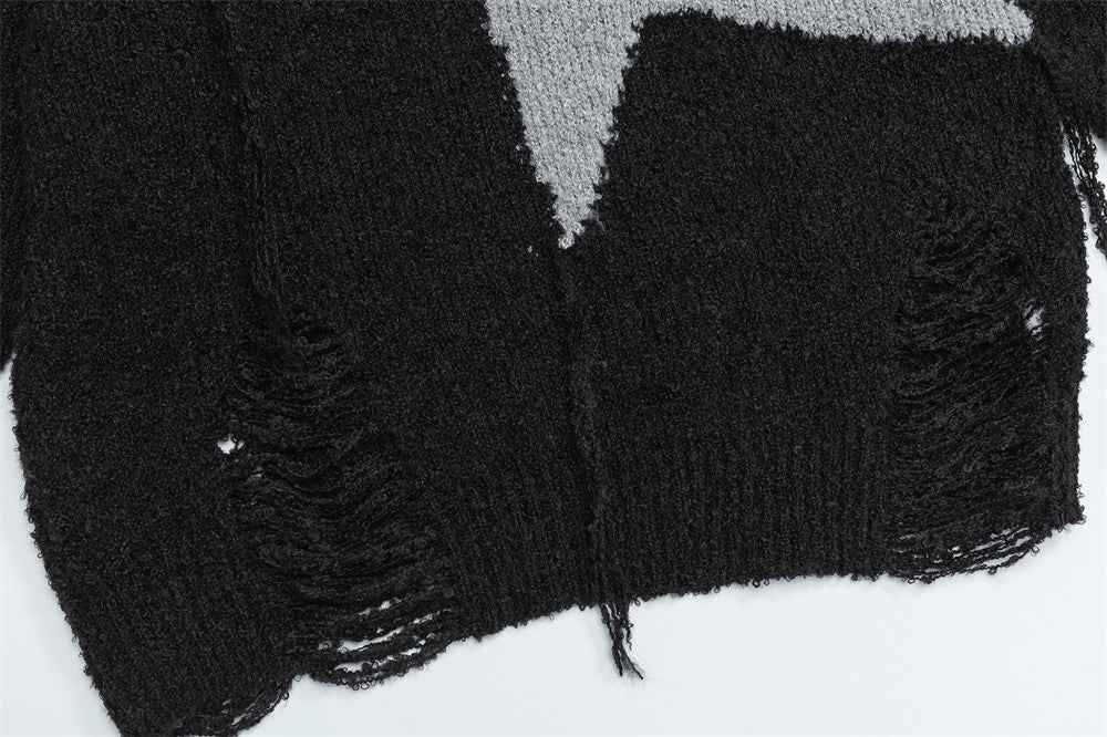 Cozy Ripped Star Printed Crewneck Sweater