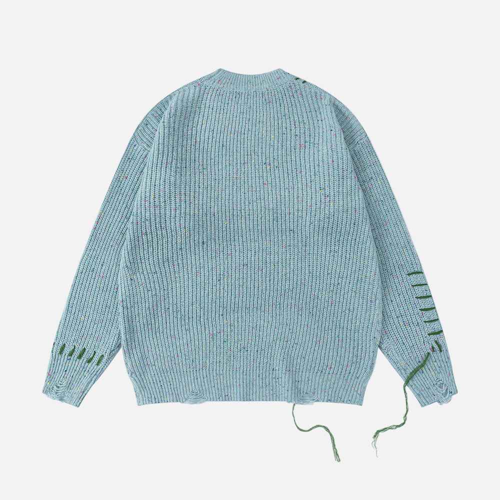 Trendy Embroidered Letter Stitch Rip Crewneck Sweater