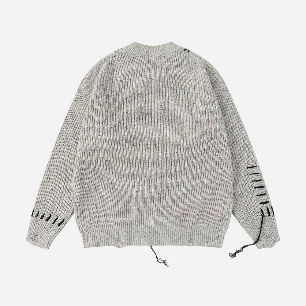 Trendy Embroidered Letter Stitch Rip Crewneck Sweater