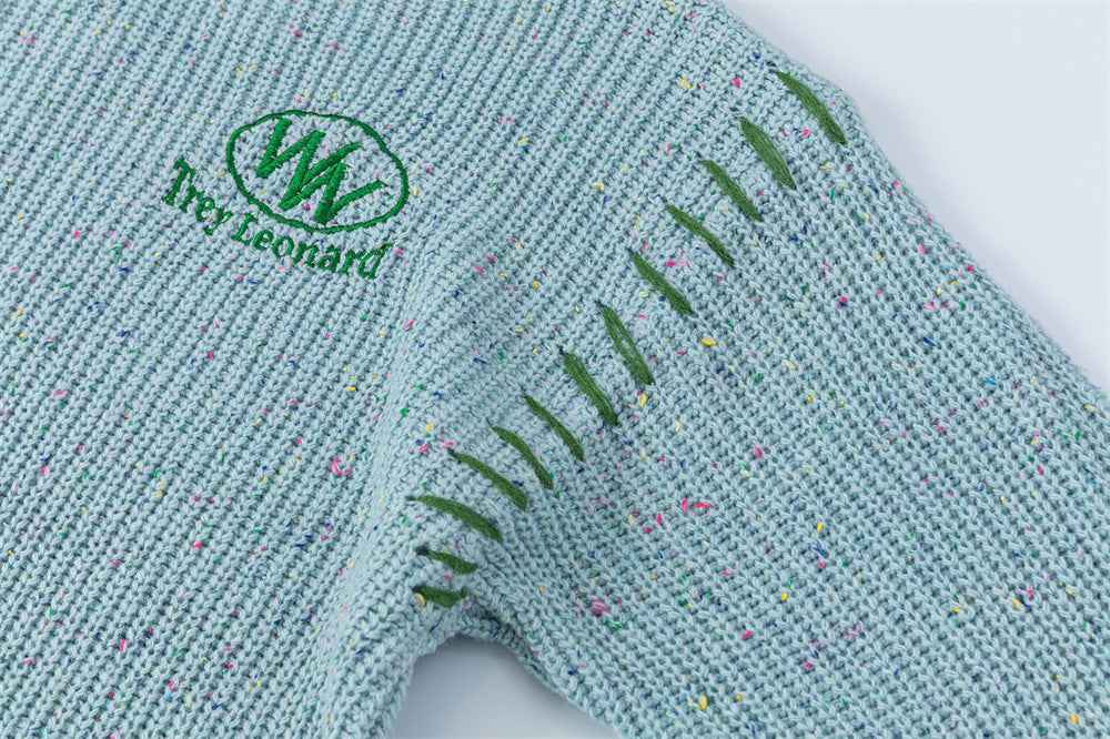 Trendy Embroidered Letter Stitch Rip Crewneck Sweater