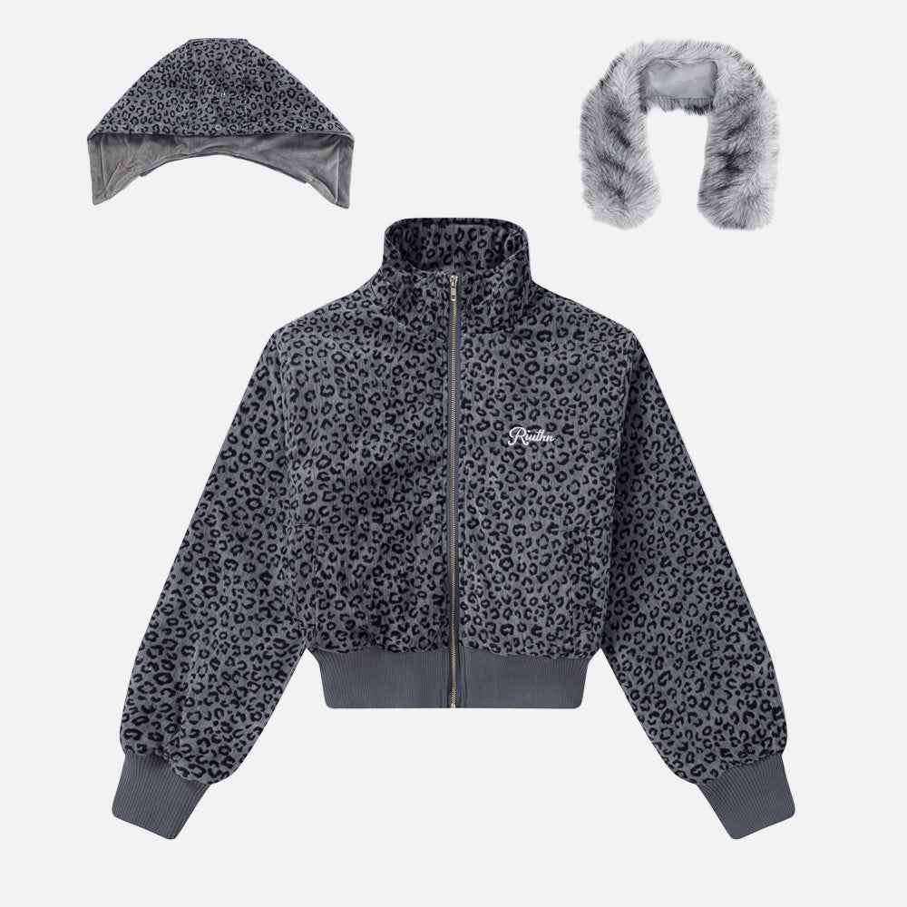 Trendy Leopard Print Faux Furr Hooded Padded Jacket