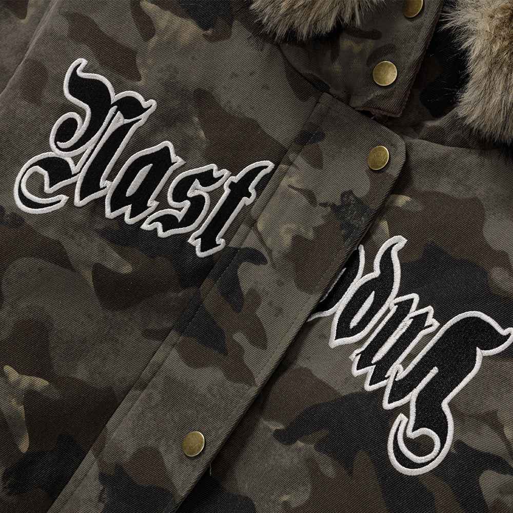 Camouflage Lined Cashmere Faux Furr Hooded Jacket