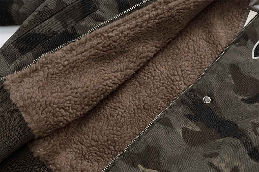 Camouflage Lined Cashmere Faux Furr Hooded Jacket