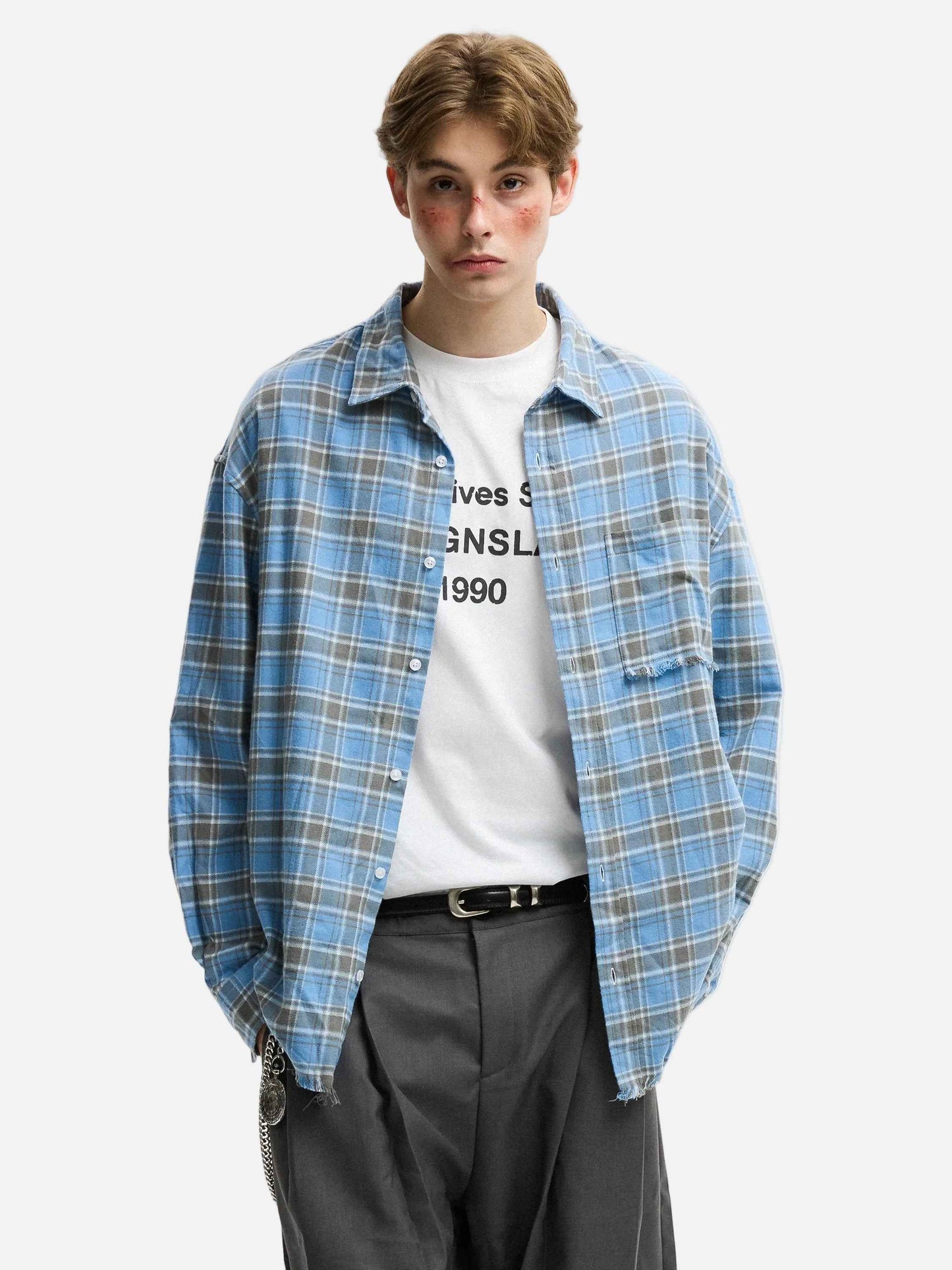 Rouge Plaid Cotton Frayed Long Sleeve Shirt
