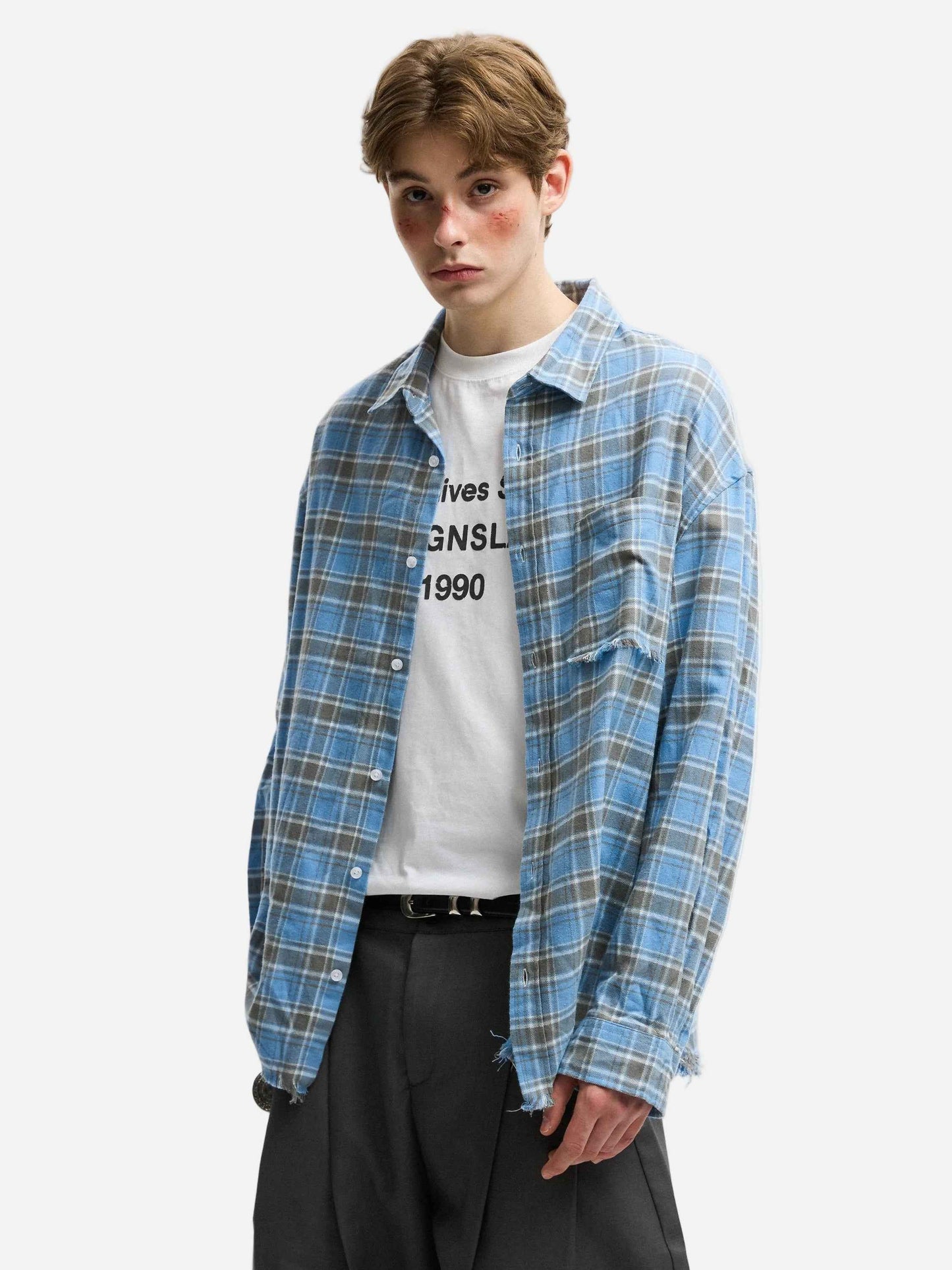 Rouge Plaid Cotton Frayed Long Sleeve Shirt