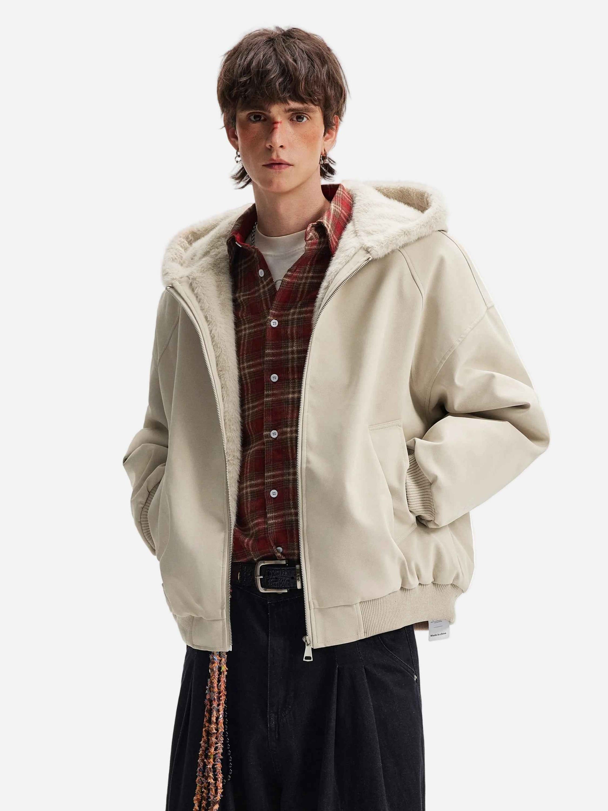 American Lovers Wool Collar Hooded Faux Fur Jacket