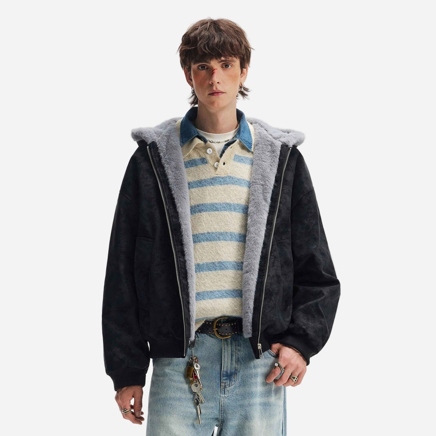 American Lovers Wool Collar Hooded Faux Fur Jacket