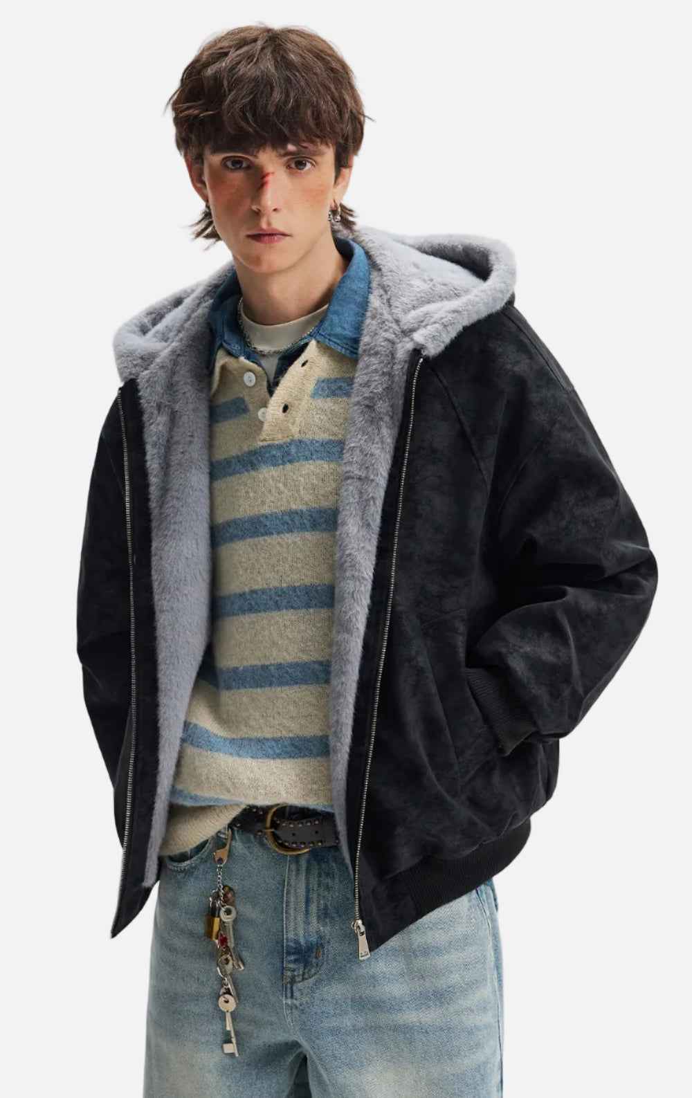 American Lovers Wool Collar Hooded Faux Fur Jacket