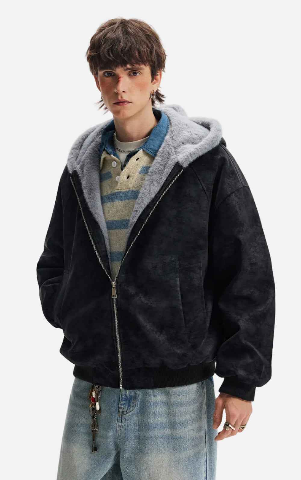 American Lovers Wool Collar Hooded Faux Fur Jacket
