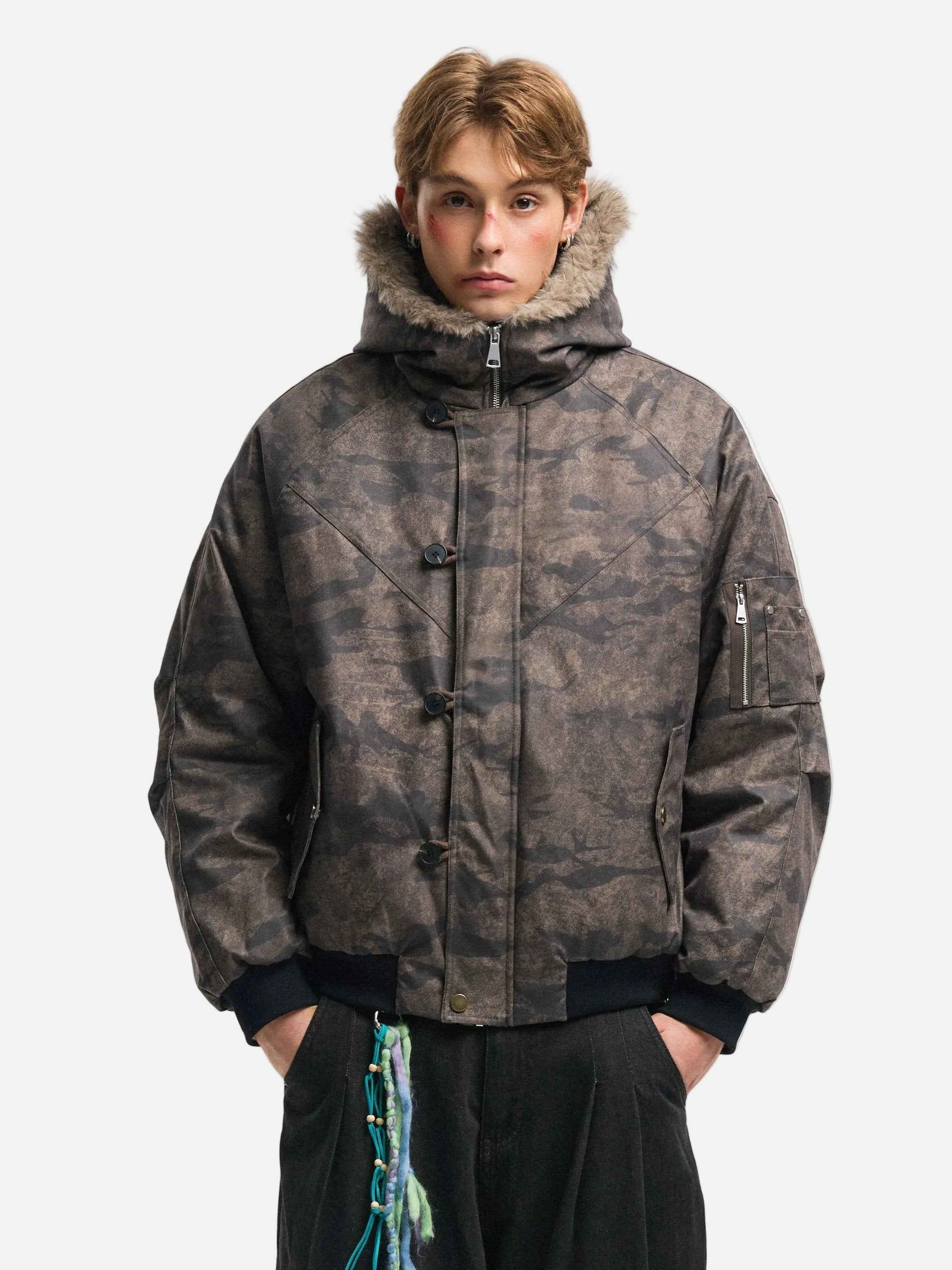 Warm Camouflage Fur Collar Hooded Puffer Jacket