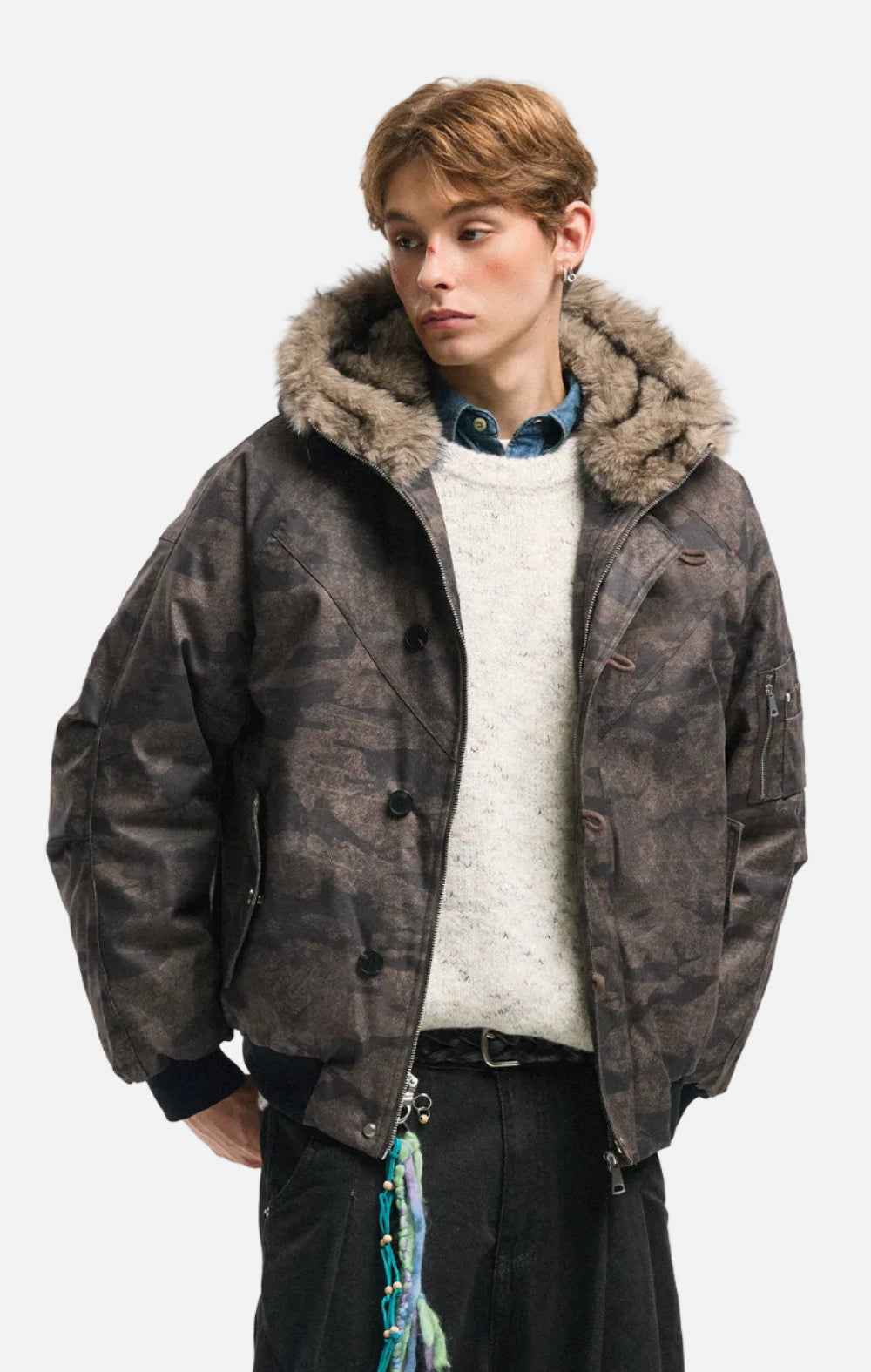 Warm Camouflage Fur Collar Hooded Puffer Jacket