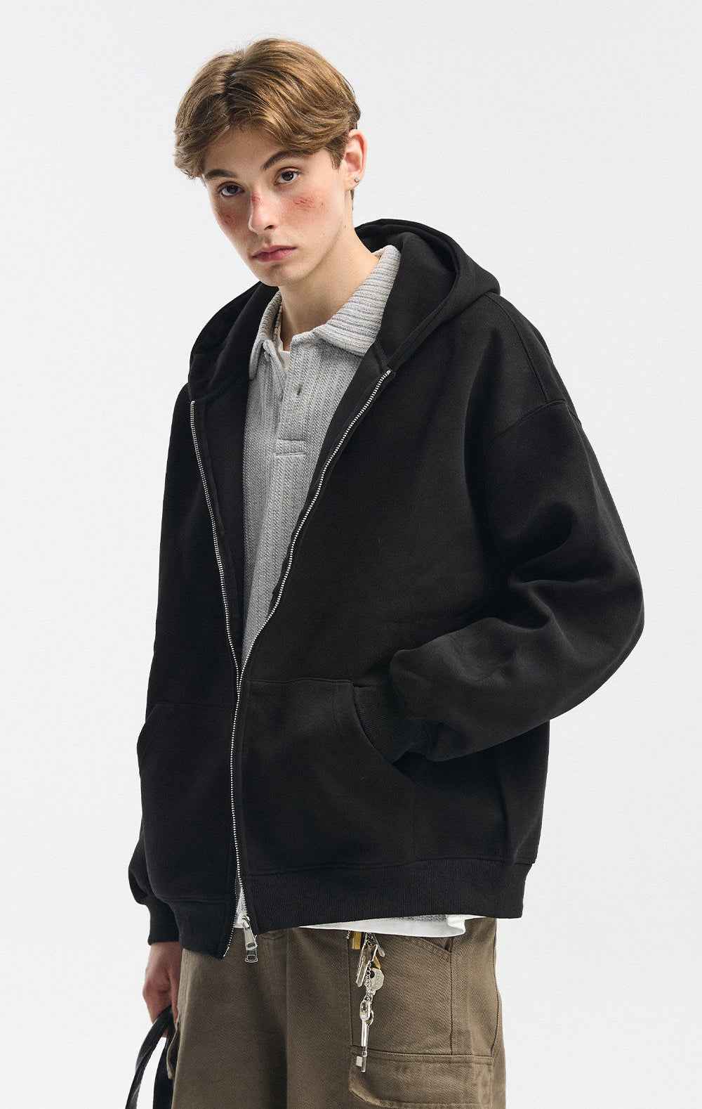 Retro Heavy Solid Color Hooded Double Zipper Sweatshirt
