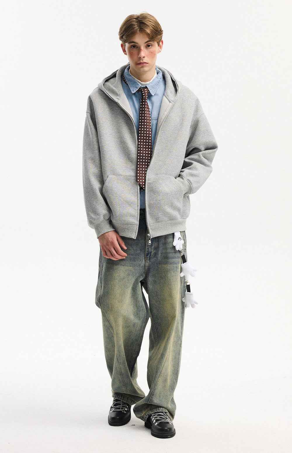 Retro Heavy Solid Color Hooded Double Zipper Sweatshirt