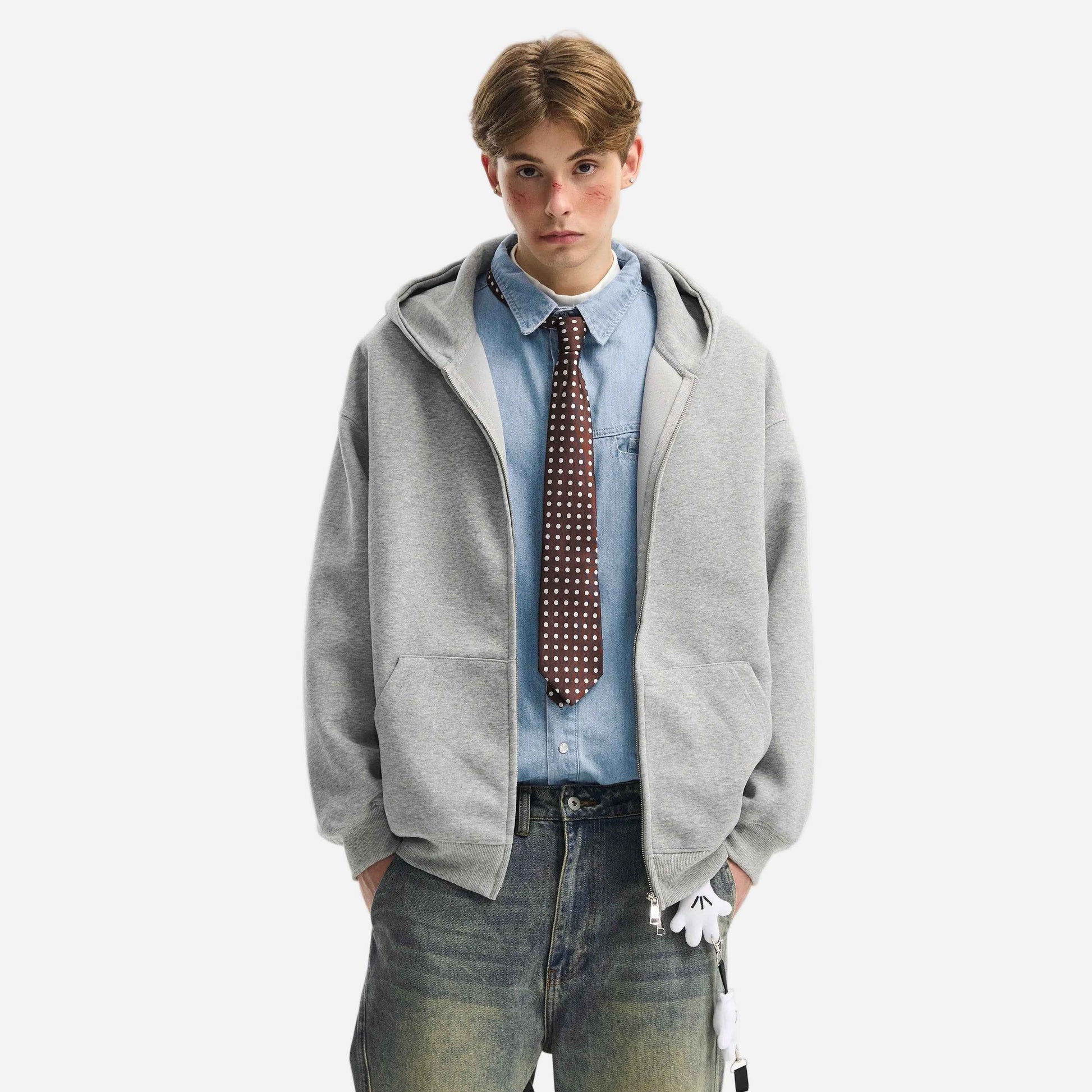 Retro Heavy Solid Color Hooded Double Zipper Sweatshirt