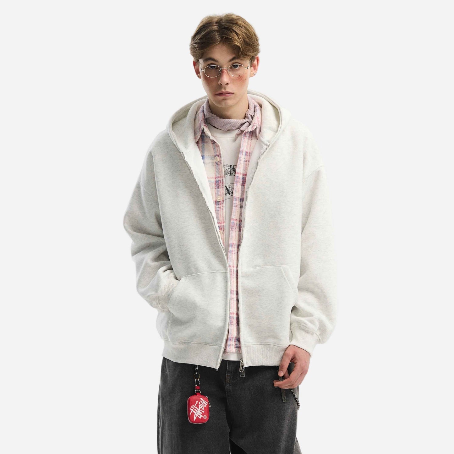 Retro Heavy Solid Color Hooded Double Zipper Sweatshirt