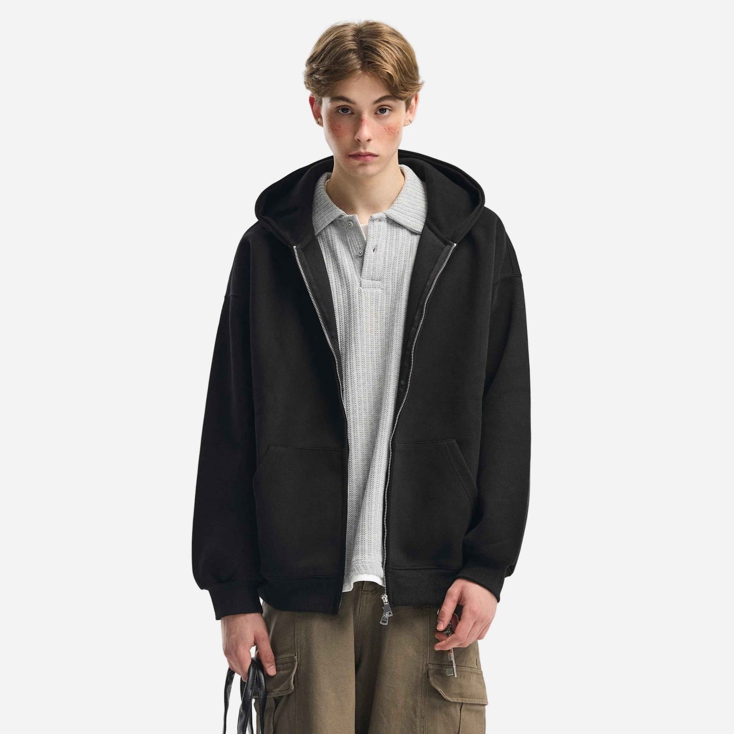 Retro Heavy Solid Color Hooded Double Zipper Sweatshirt