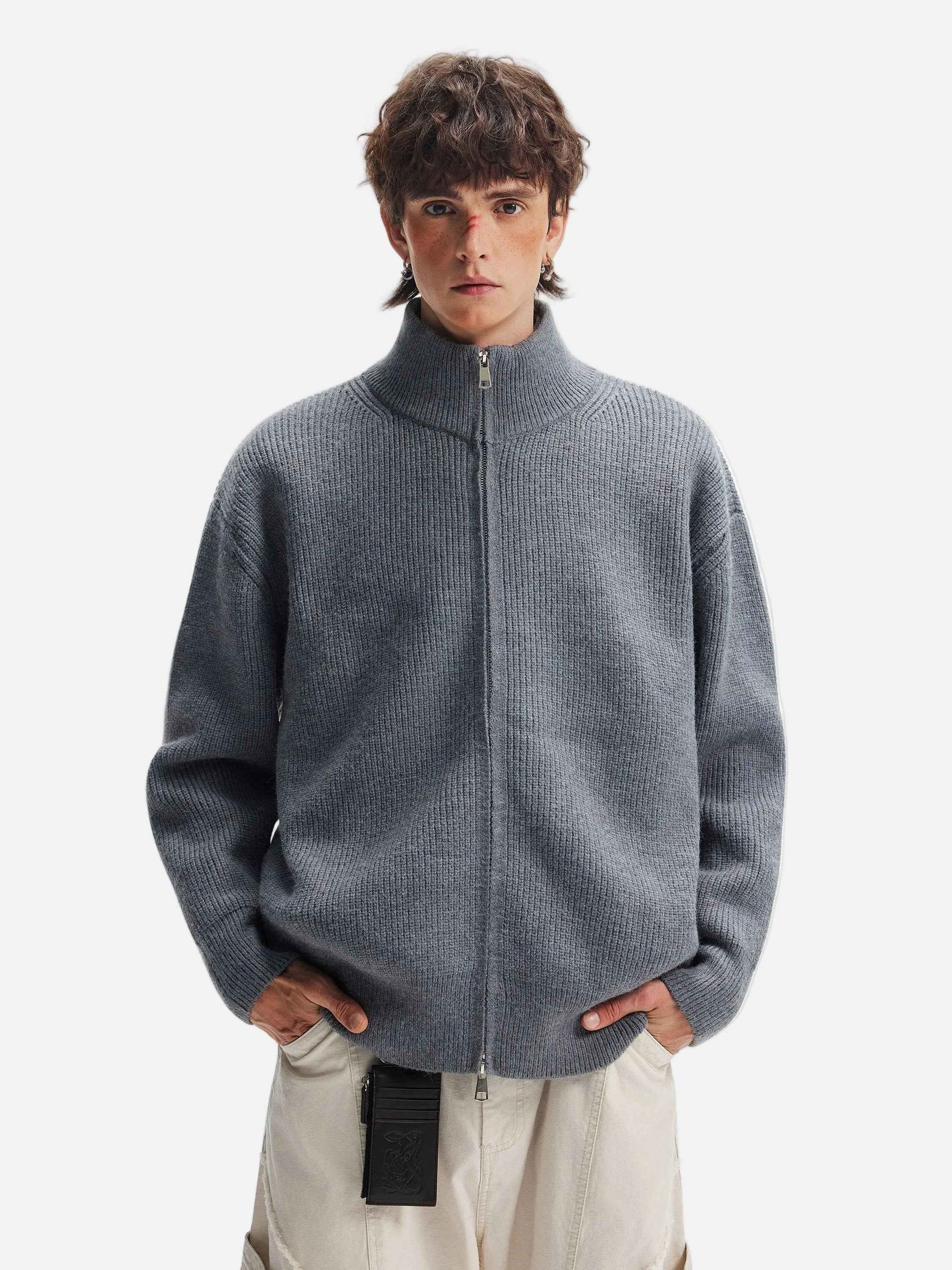 American Style Vertical Collar Double Zipper Knitwear Cardigan