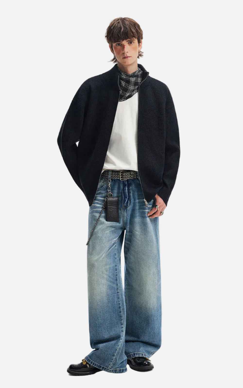 American Style Vertical Collar Double Zipper Knitwear Cardigan