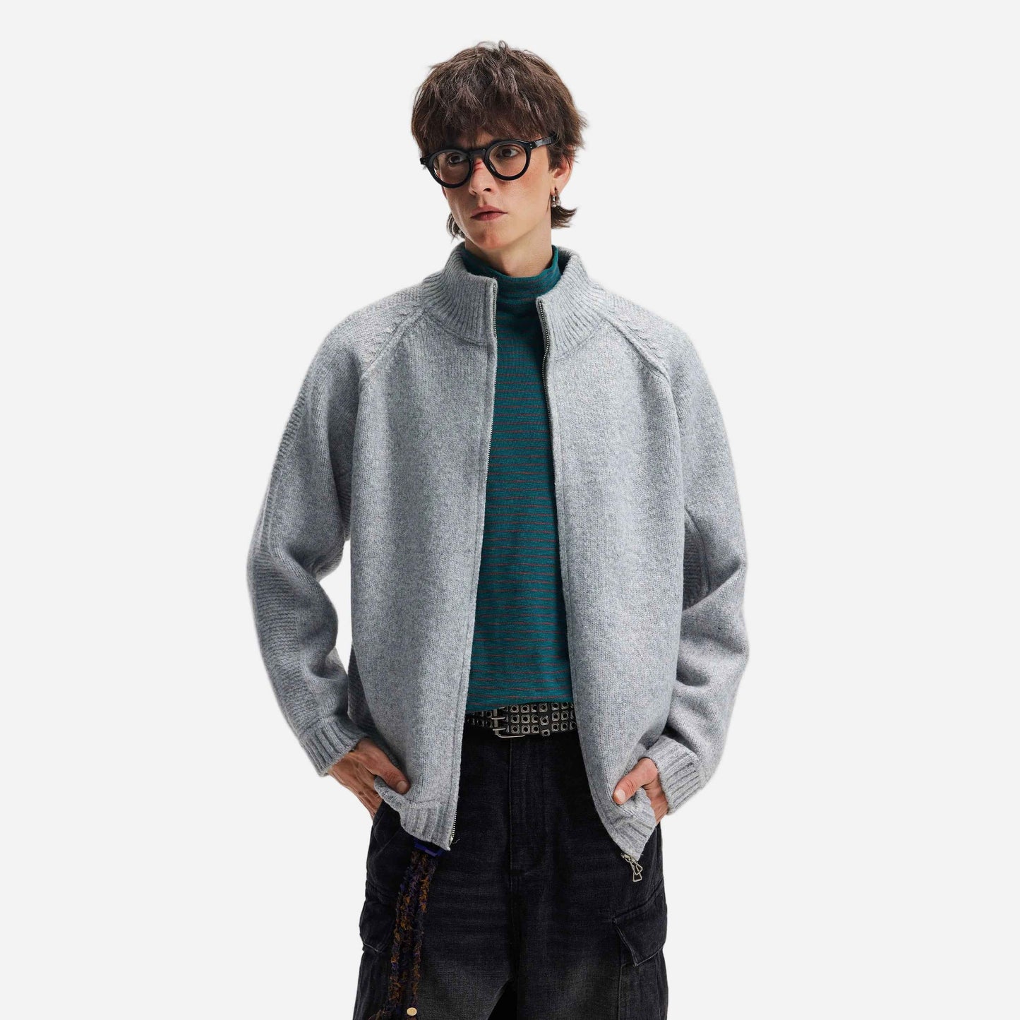 Streetwear Deconstructed Turtleneck Wool Cardigan