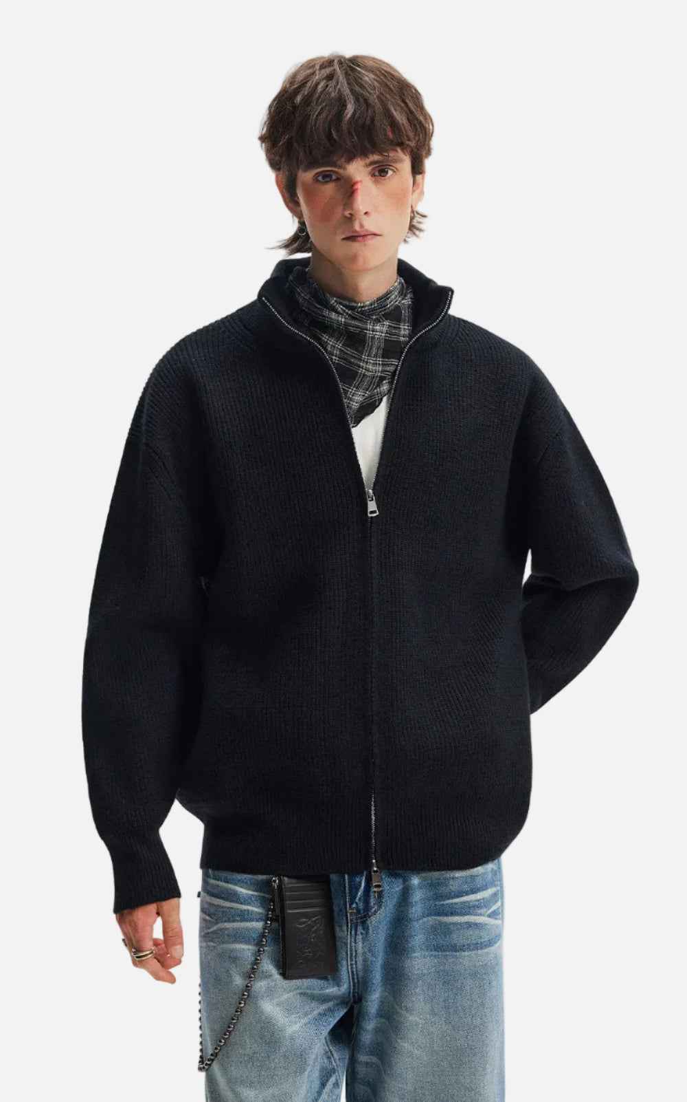 American Style Vertical Collar Double Zipper Knitwear Cardigan