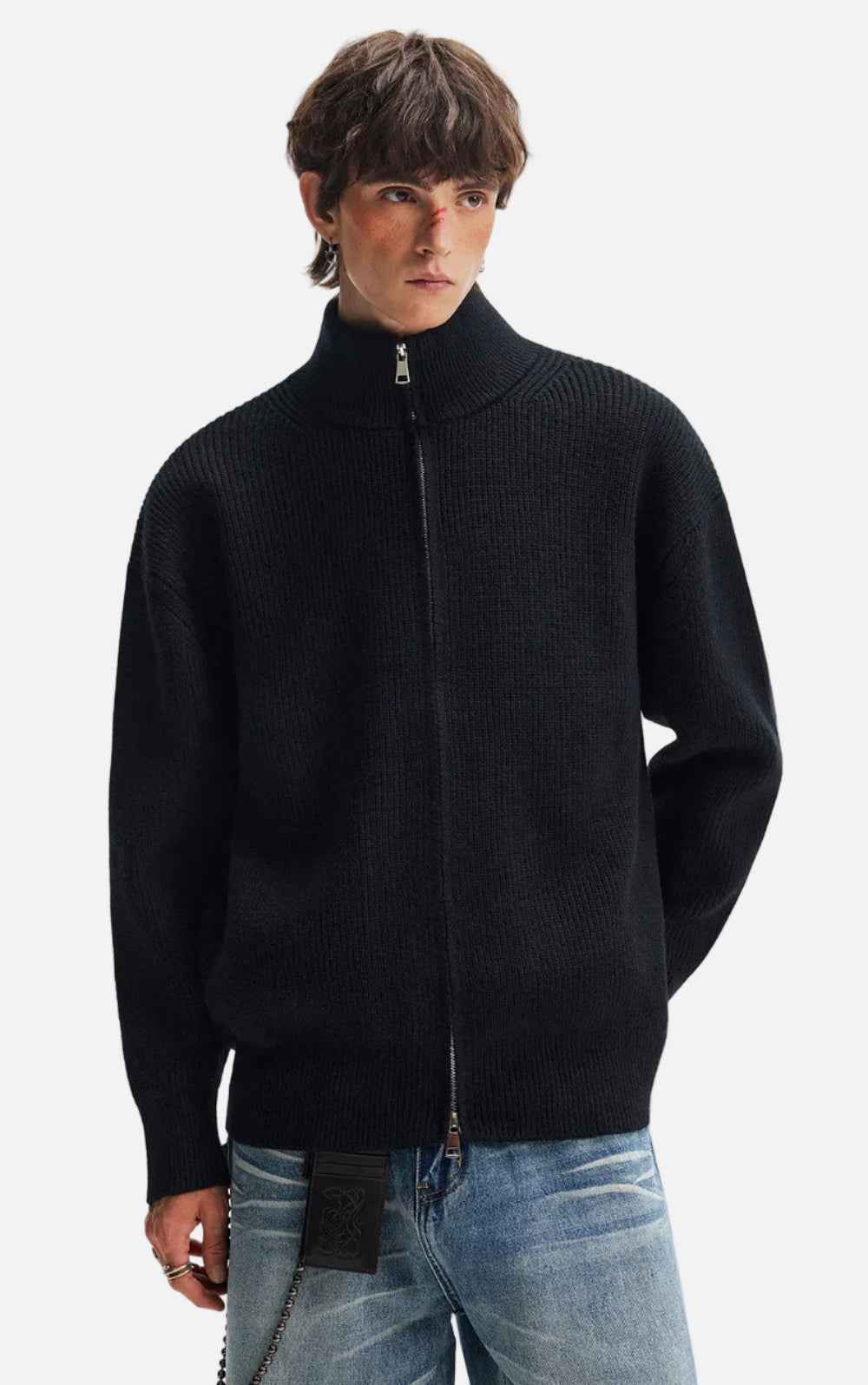 American Style Vertical Collar Double Zipper Knitwear Cardigan
